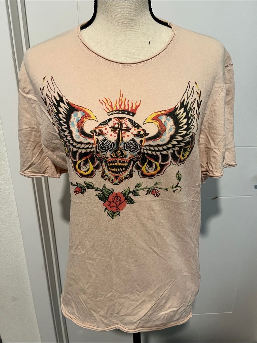 Y2K Krush Skull Roses Wing Graphic Design Short Sleeve T-Shirt Emo Grunge 2000’s